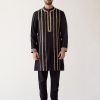 Mens Devnaagri Mens | Black Hand Emboidered Chanderi Kurta Set