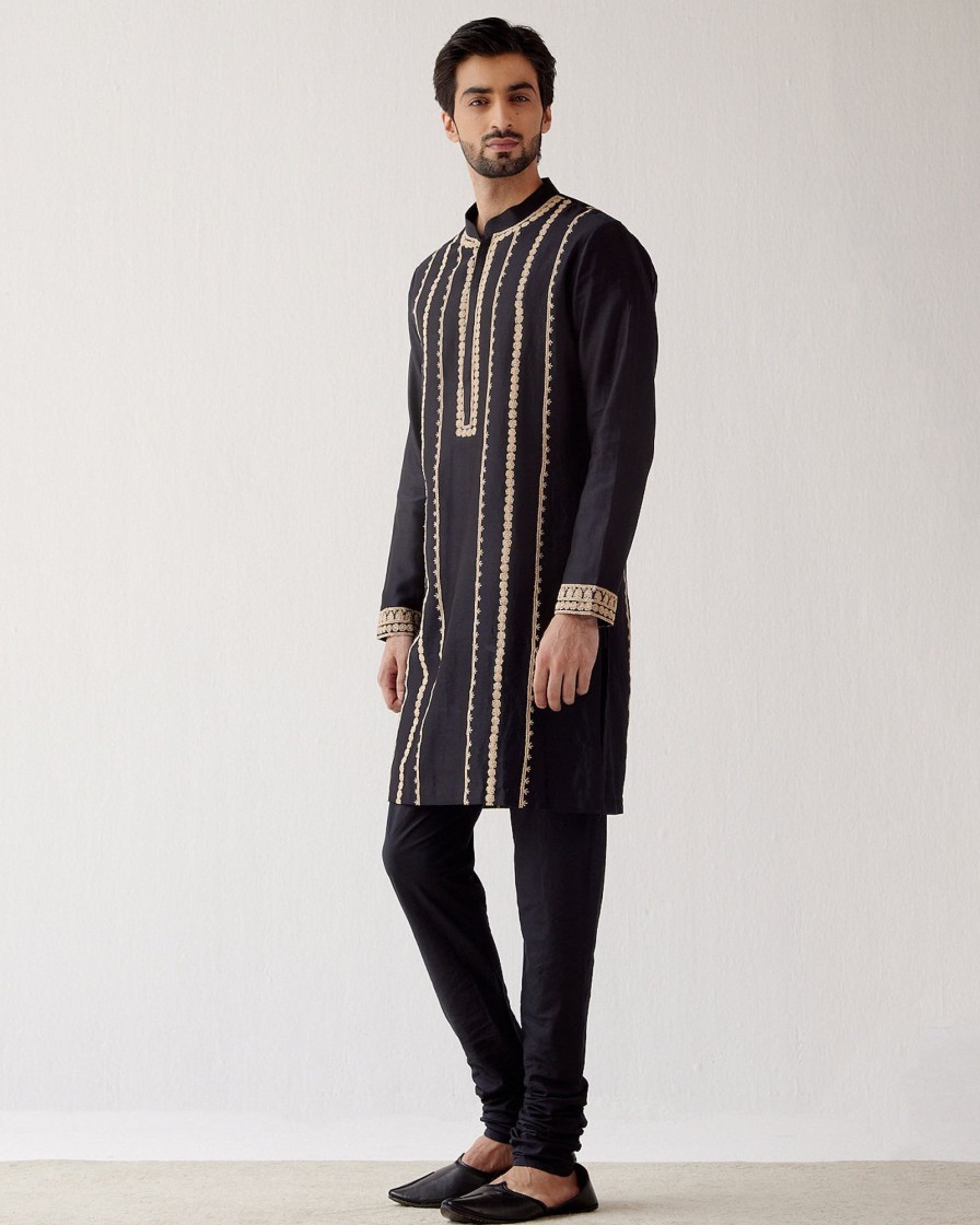 Mens Devnaagri Mens | Black Hand Emboidered Chanderi Kurta Set