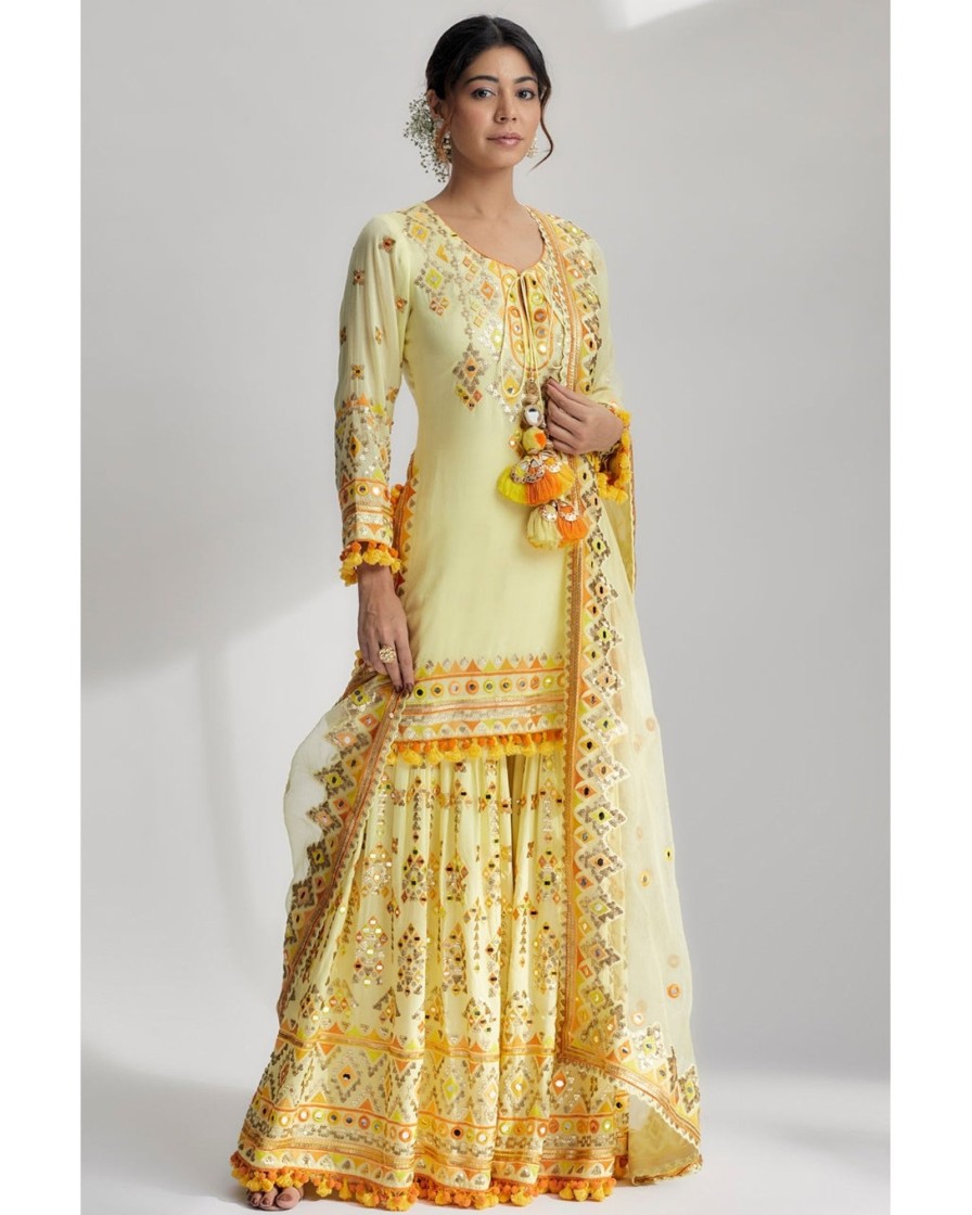 Womens Gopi Vaid | Yellow Friya Short Kurta Gharara Set