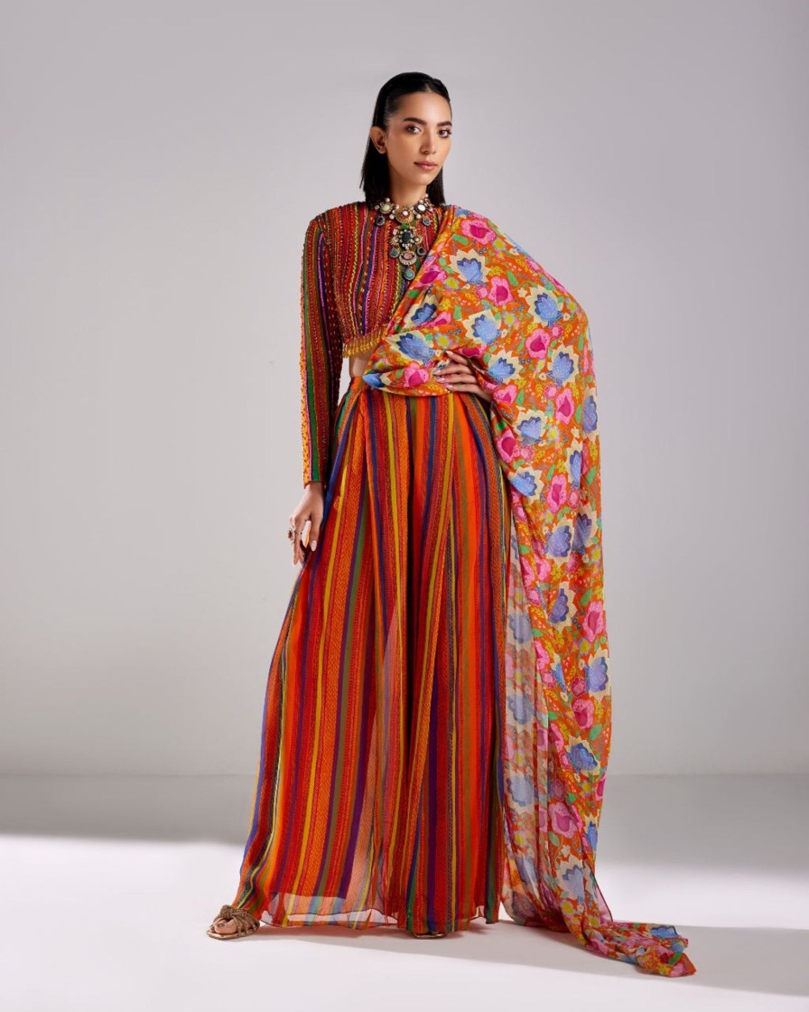 Womens Diya Rajvvir | Rust Stripe Printed U0026 Embroidered Sari Set