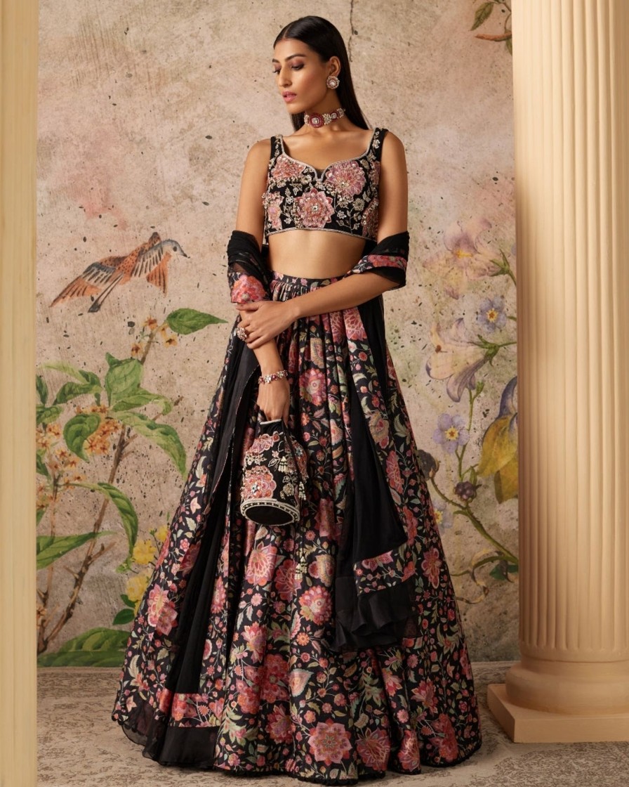 Womens Ridhi Mehra | Black Print Demi Lehenga Set