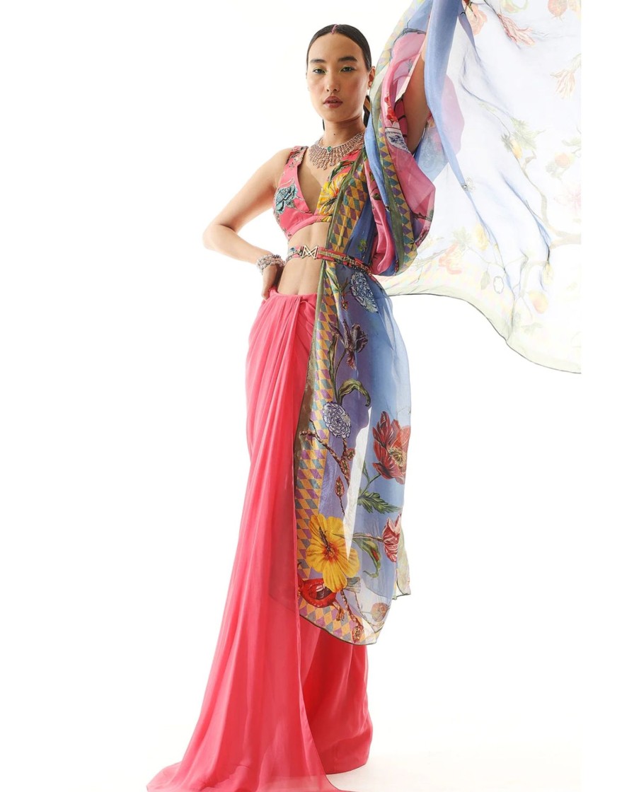 Womens Mahima Mahajan | Pink Georgette Printed Sari Set