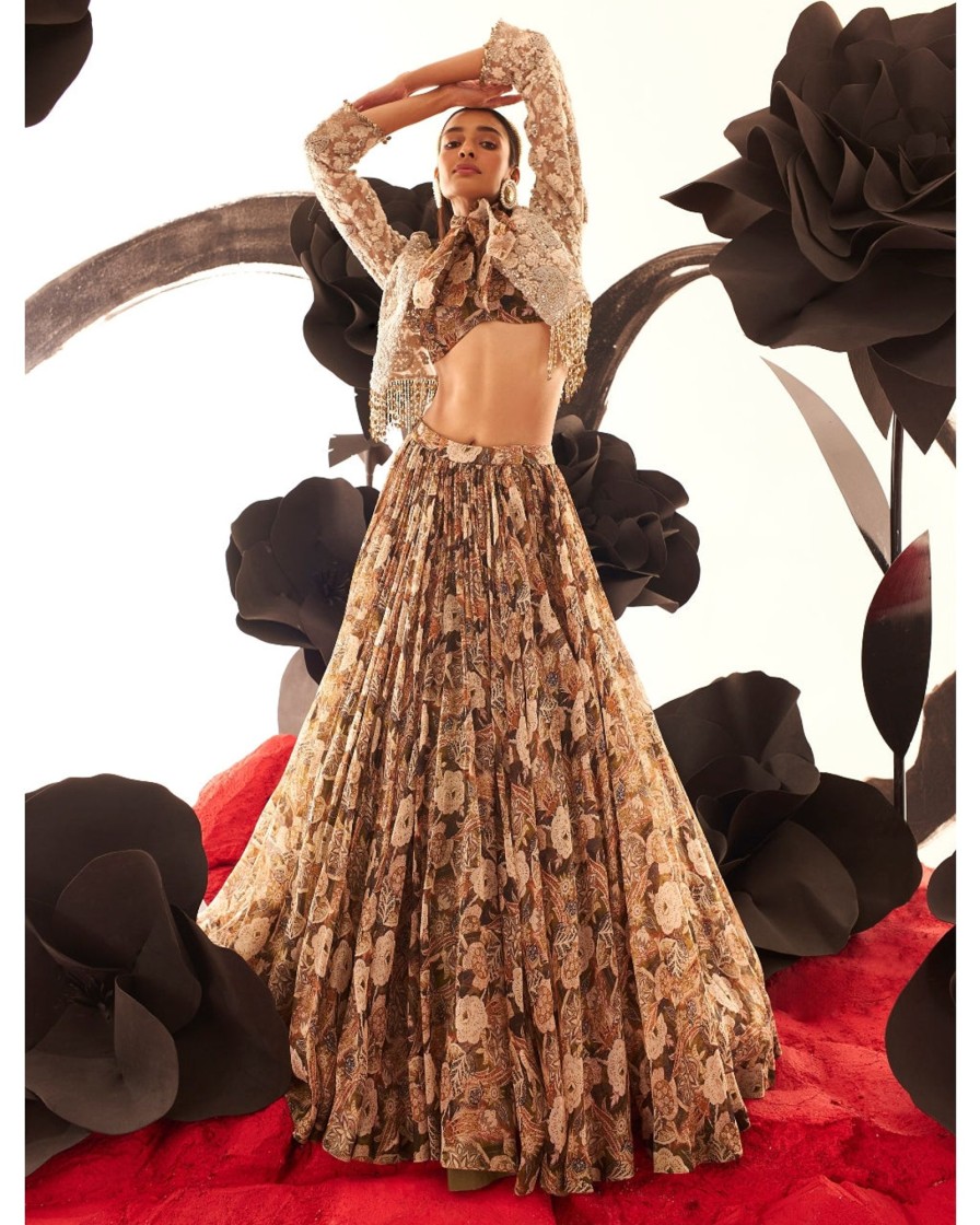 Womens Bhumika Sharma | Abstract Floral Bow Blouse Skirt With Embroidered Jacket