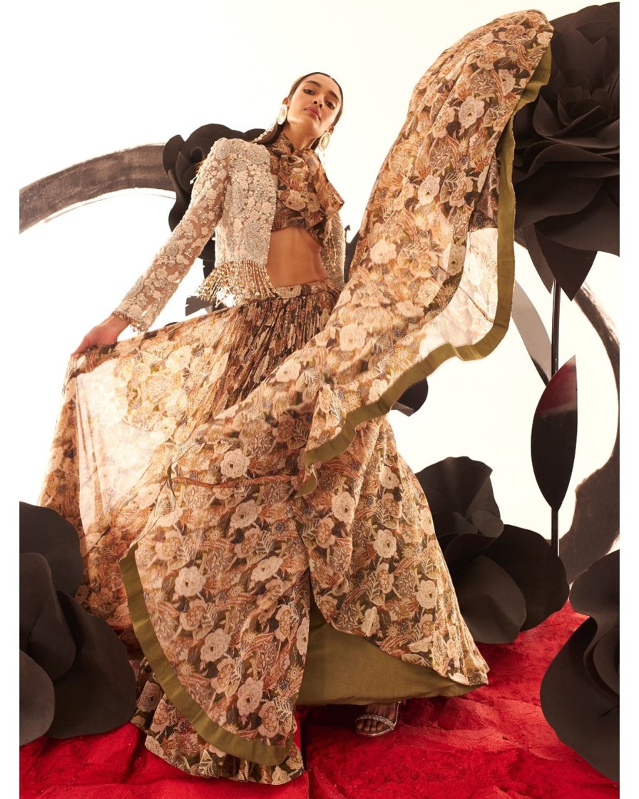 Womens Bhumika Sharma | Abstract Floral Bow Blouse Skirt With Embroidered Jacket