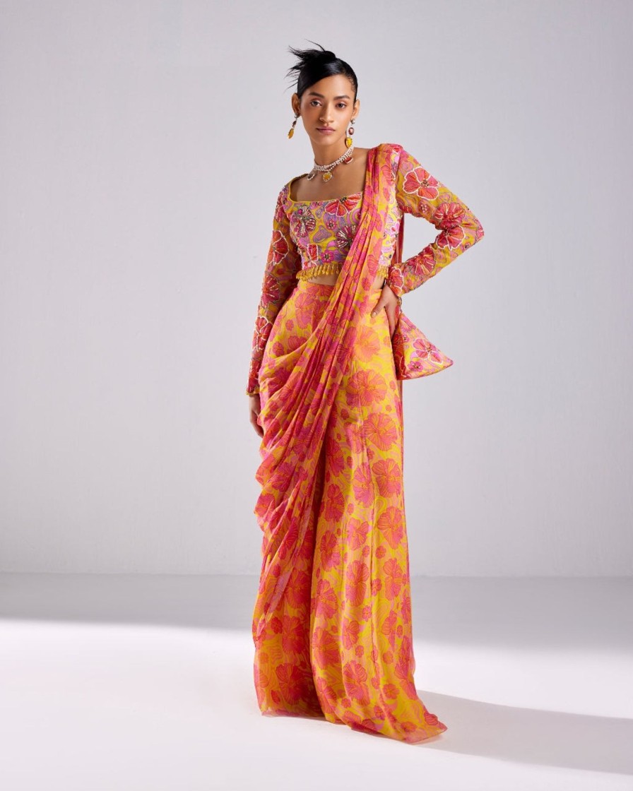 Womens Diya Rajvvir | Pink Printed U0026 Embroidered Pant Sari Set