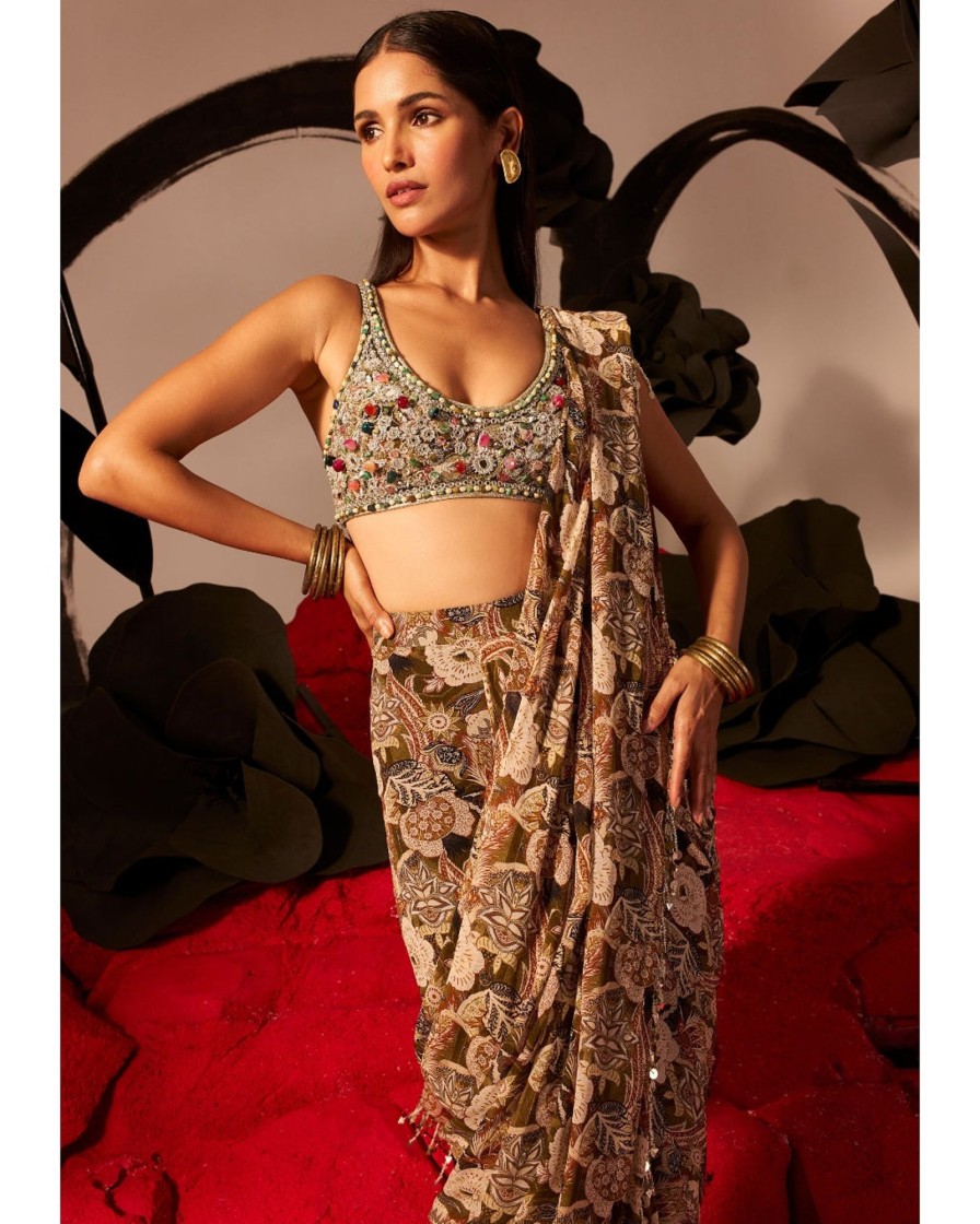 Womens Bhumika Sharma | Abstract Floral Stitched Sari Set