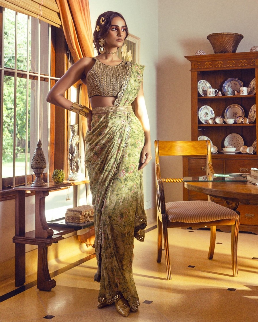 Womens Paulmi u0026 Harsh | Sage Green Printed Sari Set