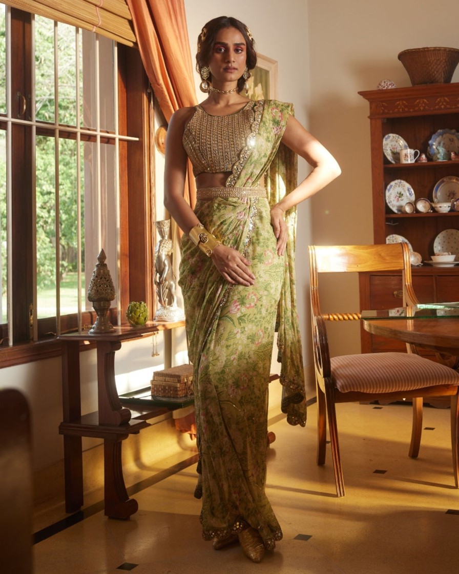 Womens Paulmi u0026 Harsh | Sage Green Printed Sari Set