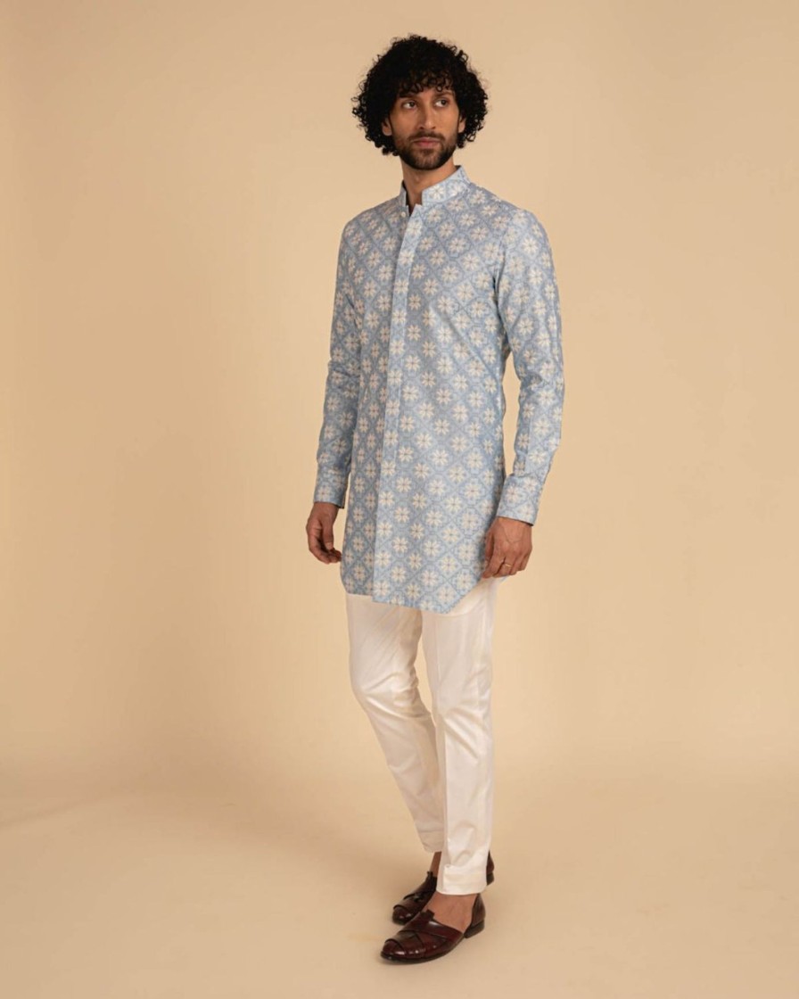 Mens Arjan Dugal | Powder Blue Front Open Kurta Set