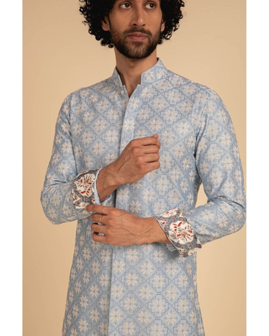 Mens Arjan Dugal | Powder Blue Front Open Kurta Set