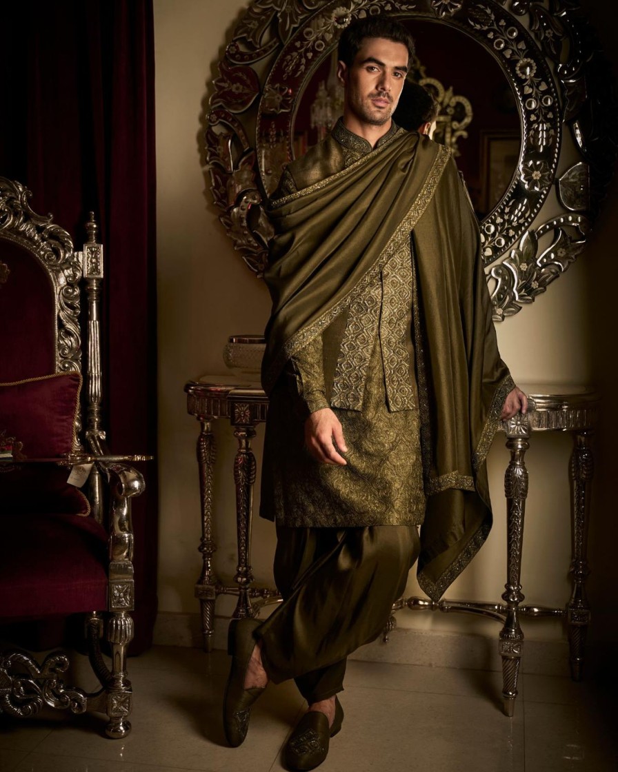 Mens Seema Gujral Mens | Military Green Bandi Set