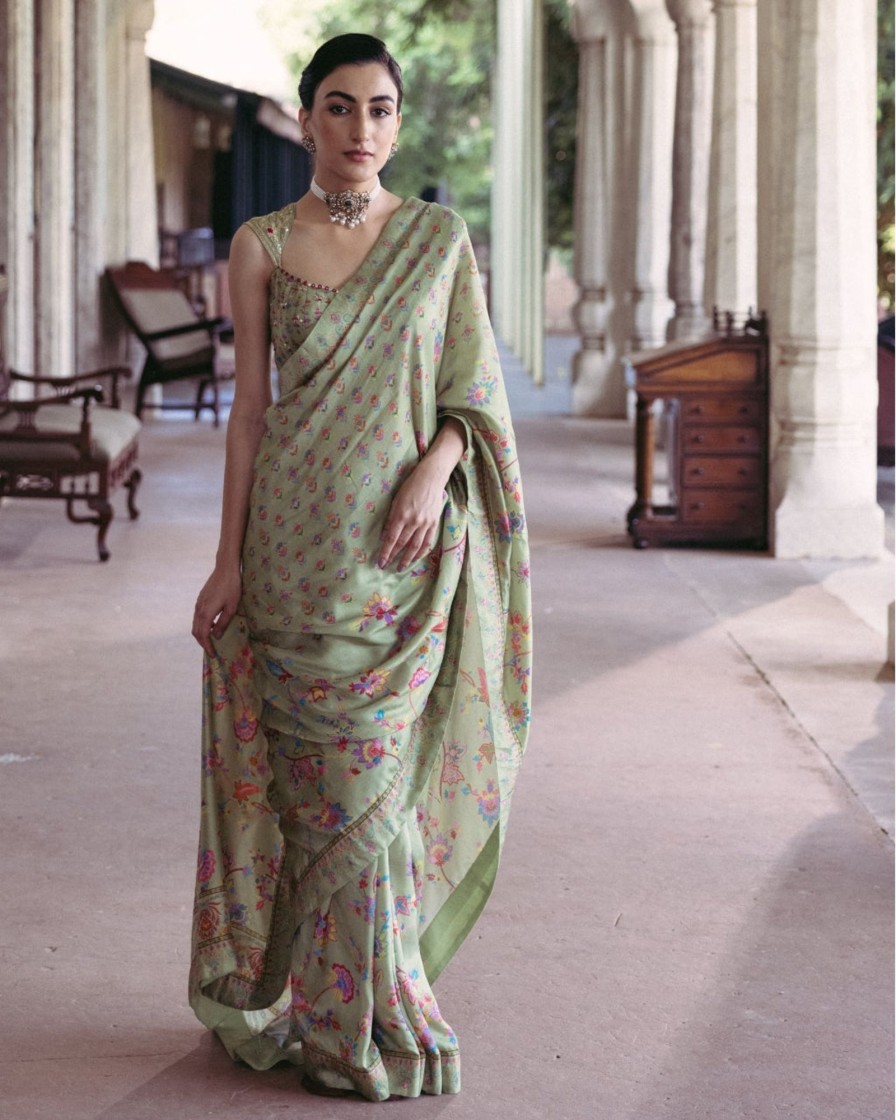 Womens Drishti u0026 Zahabia | Green Embroidered Sari Set