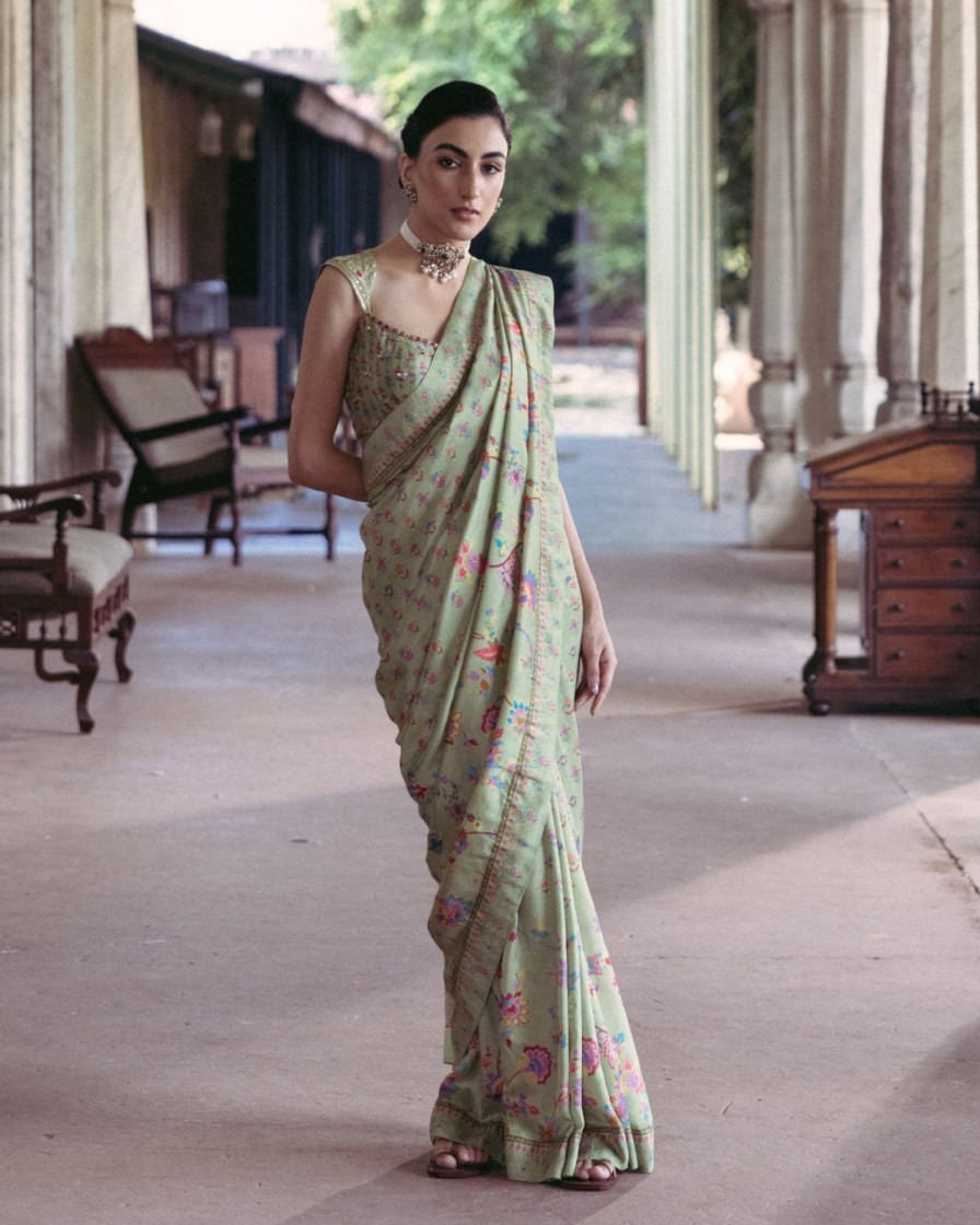 Womens Drishti u0026 Zahabia | Green Embroidered Sari Set