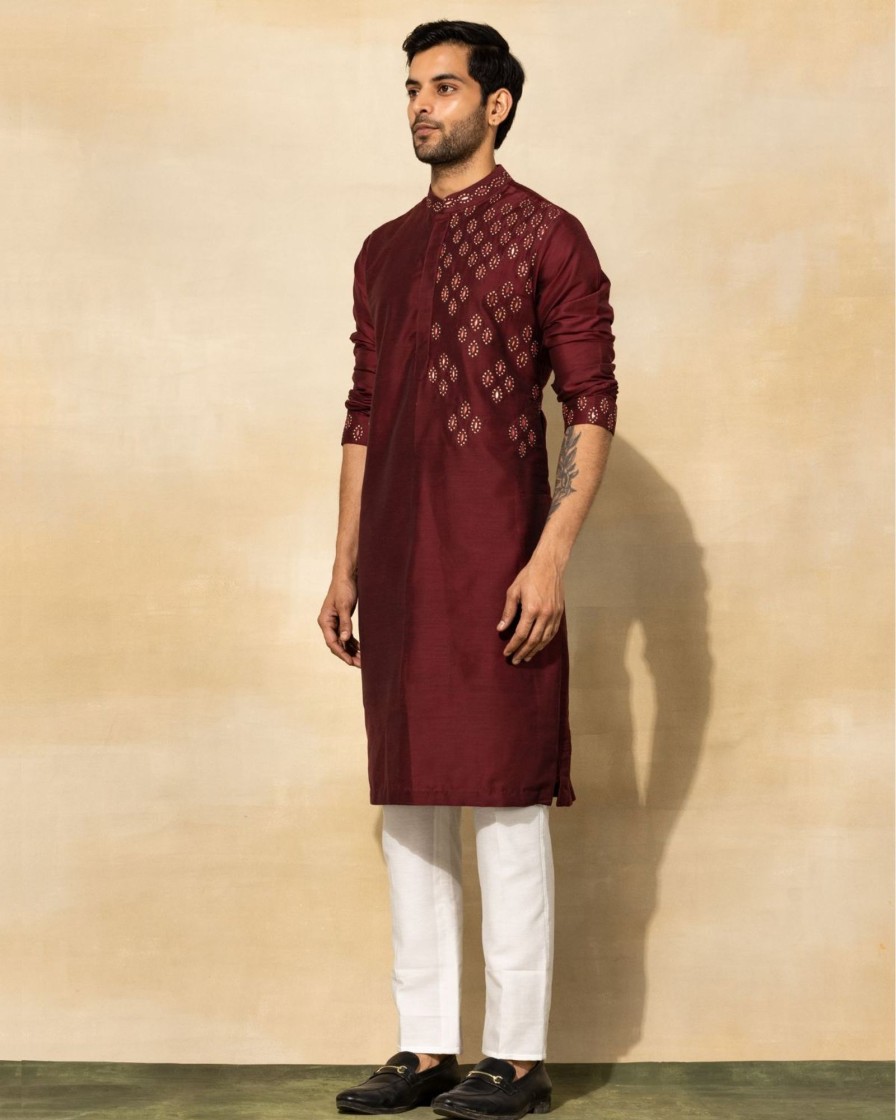 Mens Diya Rajvvir Mens | Maroon Acrylic Embroidered Kurta Set