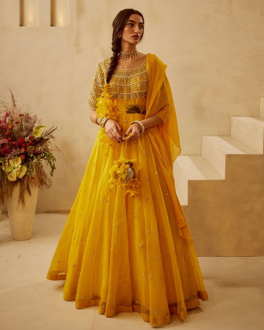 Womens Bhumika Sharma | Yellow Organza Anarkali Set