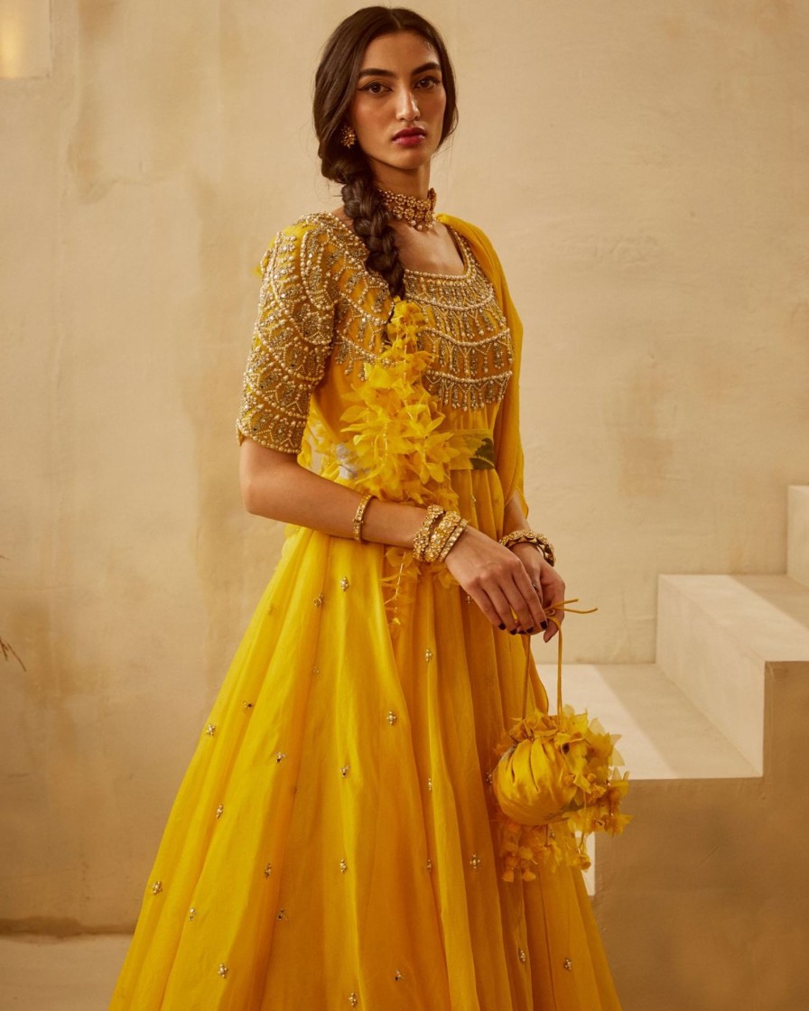 Womens Bhumika Sharma | Yellow Organza Anarkali Set