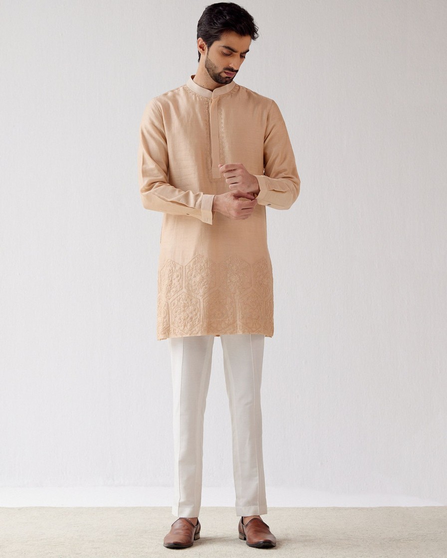 Mens Devnaagri Mens | Beige Hand Embroidered Short Kurta Set