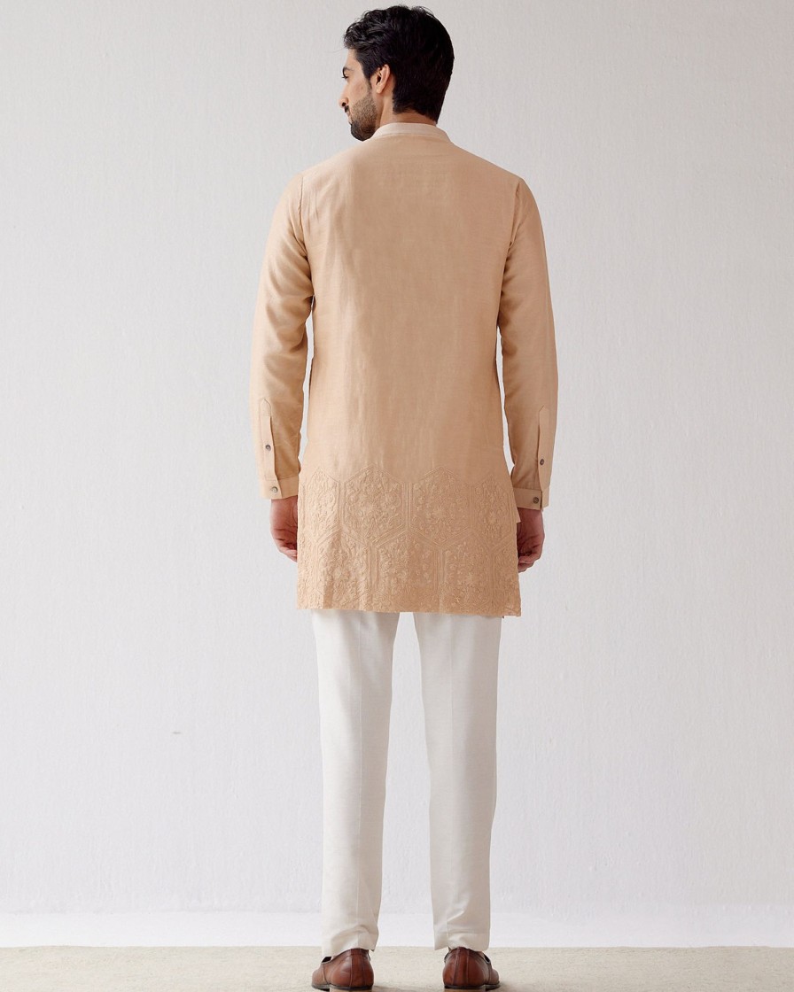 Mens Devnaagri Mens | Beige Hand Embroidered Short Kurta Set