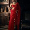 Womens Seema Gujral | Red Sequin Tulle Sari Set