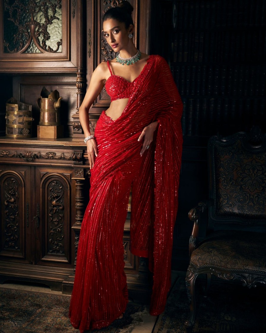 Womens Seema Gujral | Red Sequin Tulle Sari Set