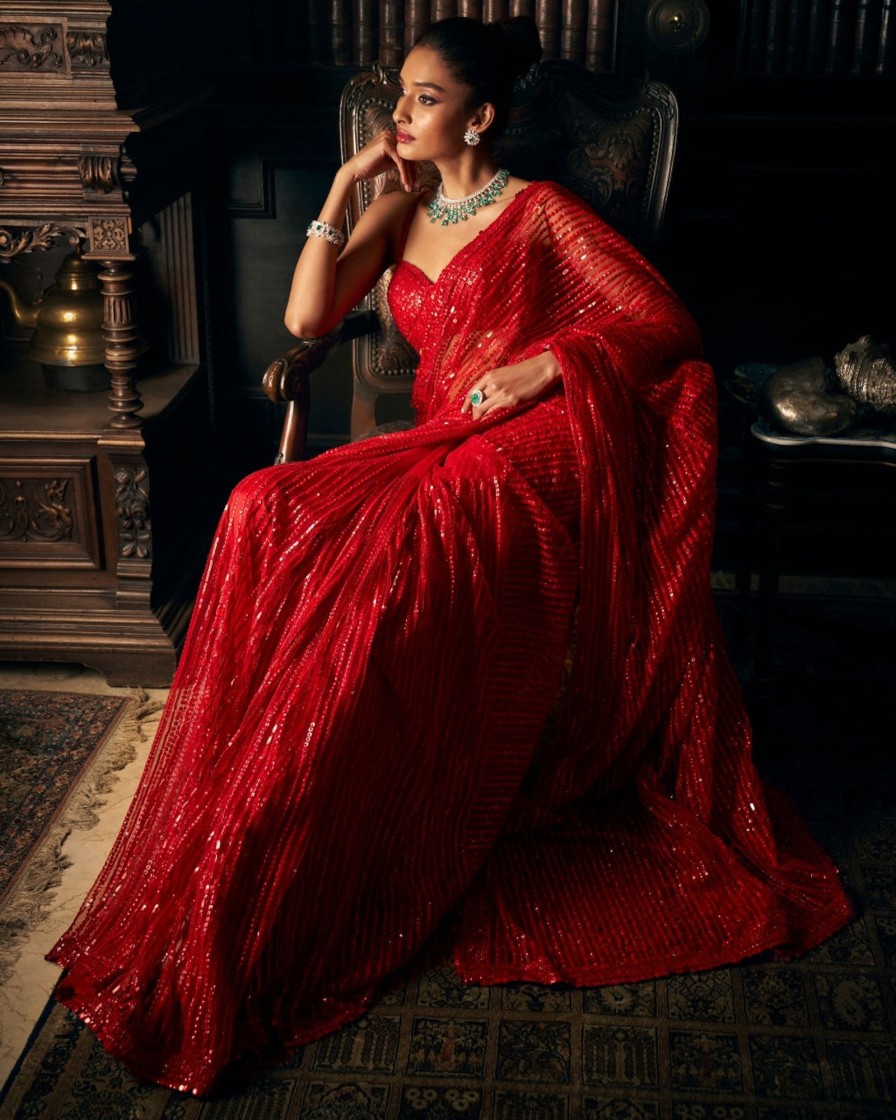 Womens Seema Gujral | Red Sequin Tulle Sari Set