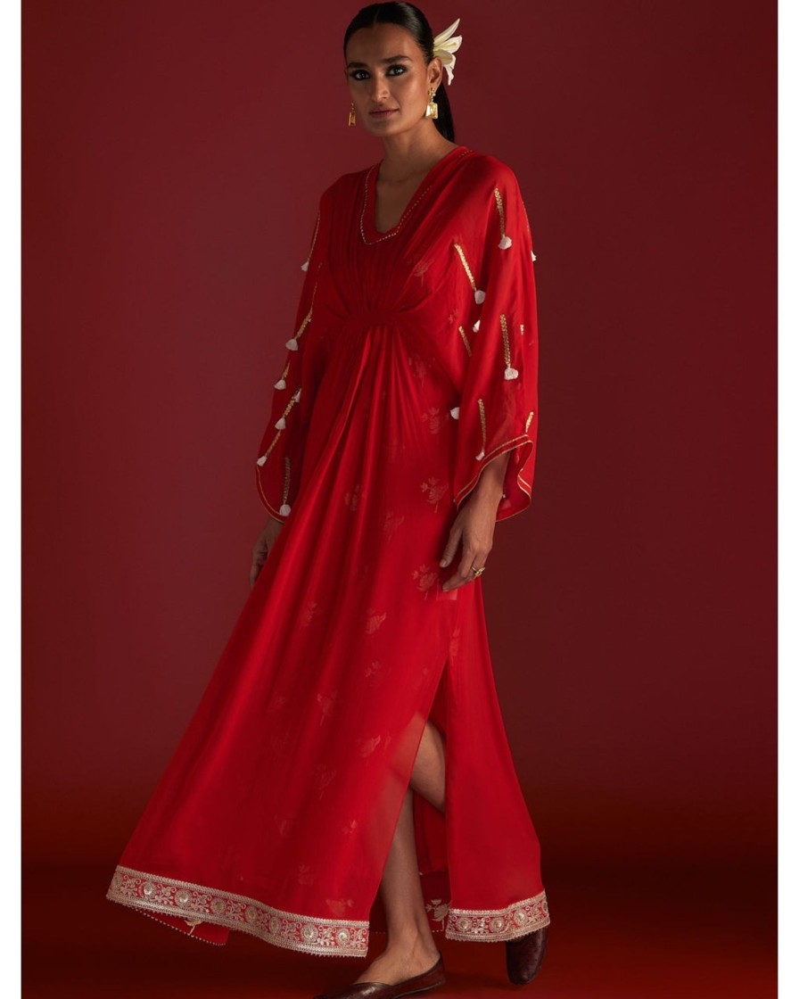 Womens House of Masaba | Red Gota Embroidered Kaftan With Slip