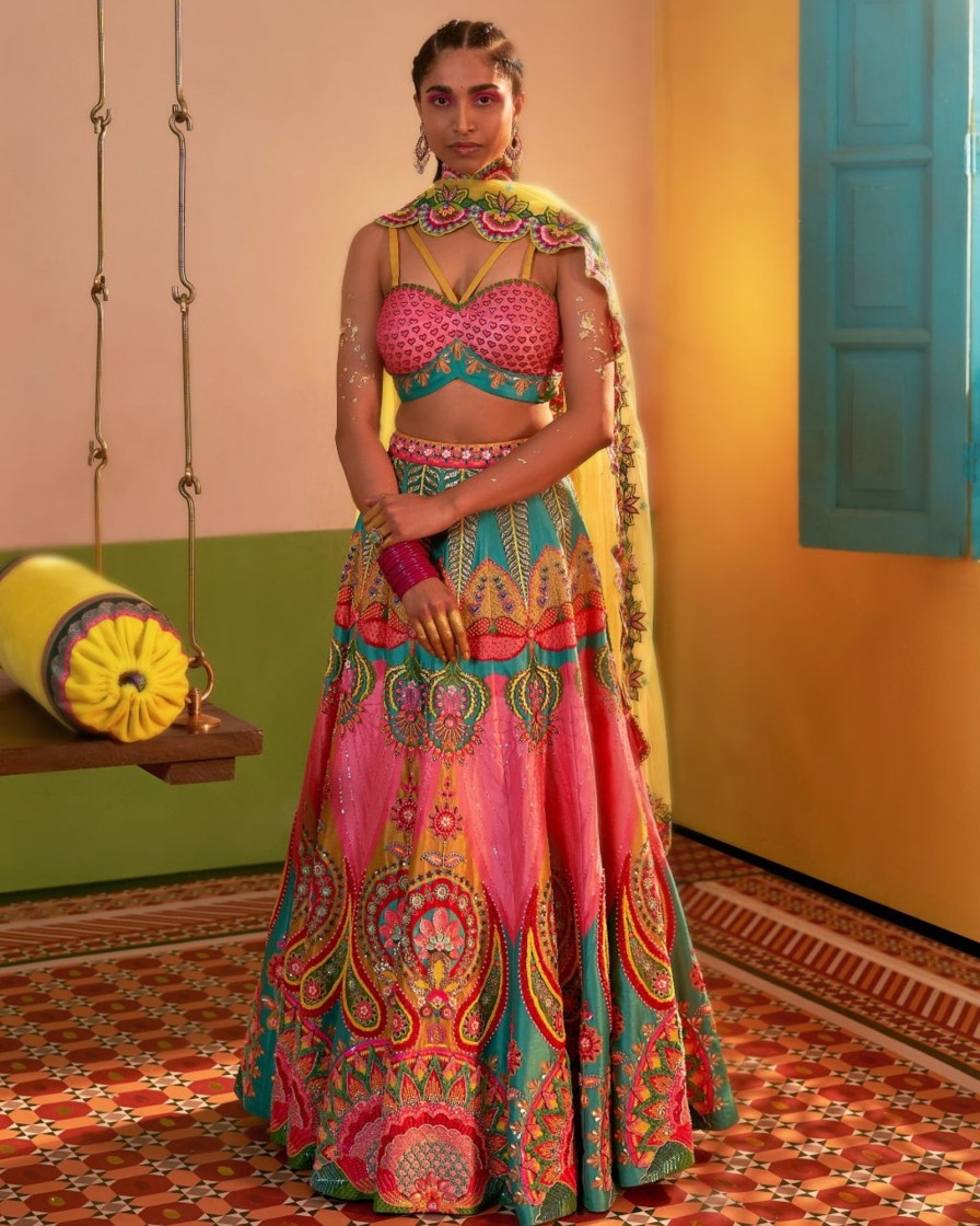 Womens Siddhartha Bansal | Mastani Pink U0026 Ocean Electric Green Embroidered Lehenga Set