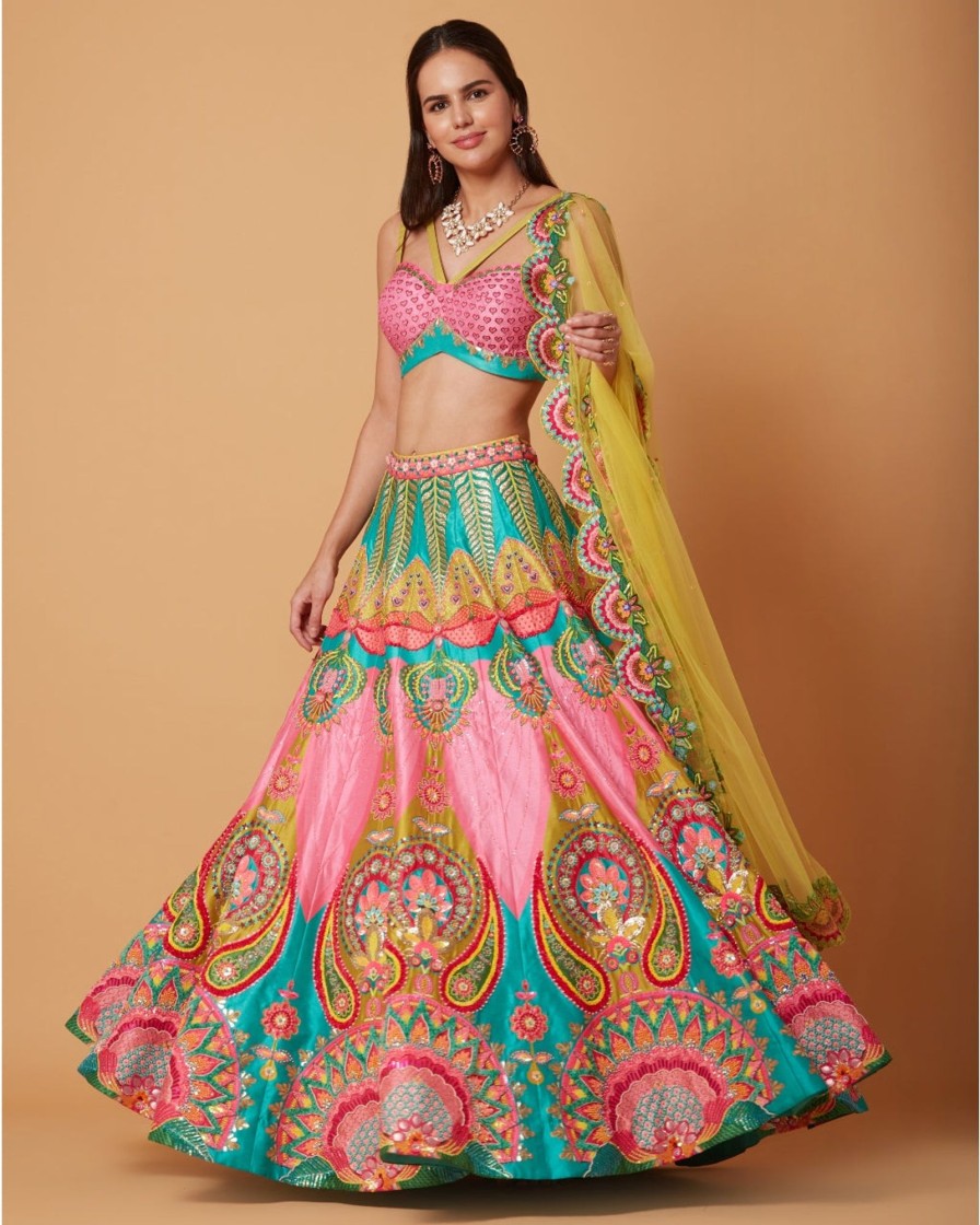 Womens Siddhartha Bansal | Mastani Pink U0026 Ocean Electric Green Embroidered Lehenga Set