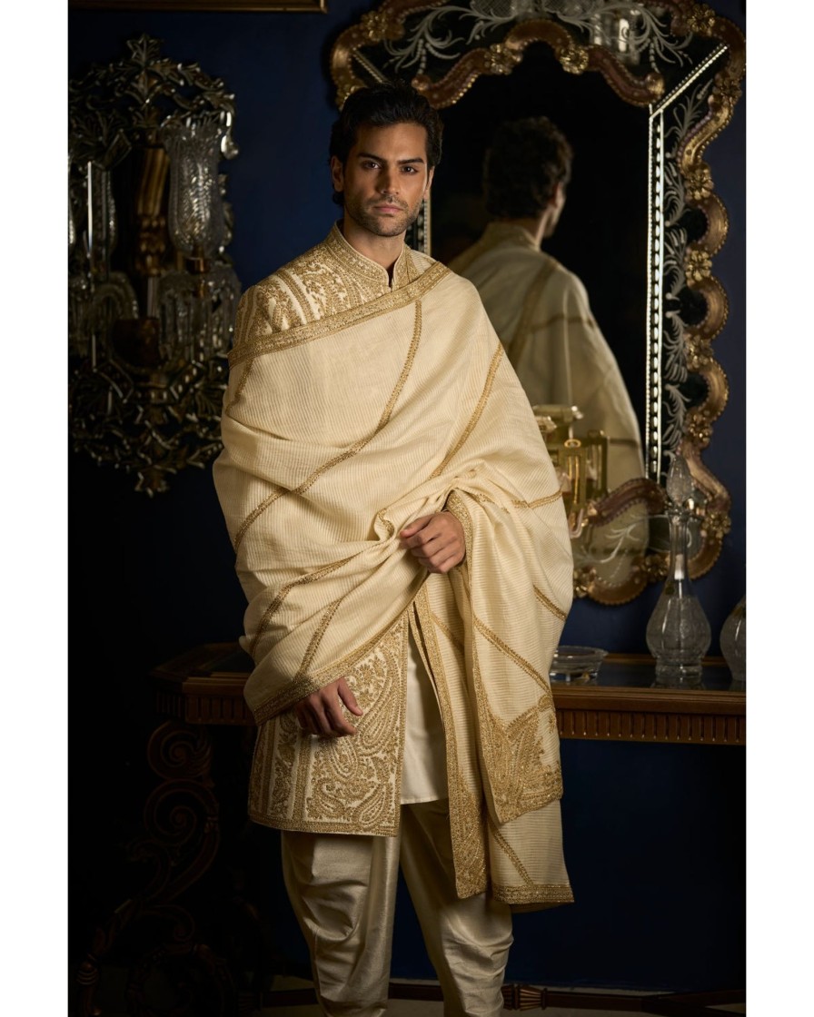 Mens Seema Gujral Mens | Cream U0026 Gold Thread Sherwani Set