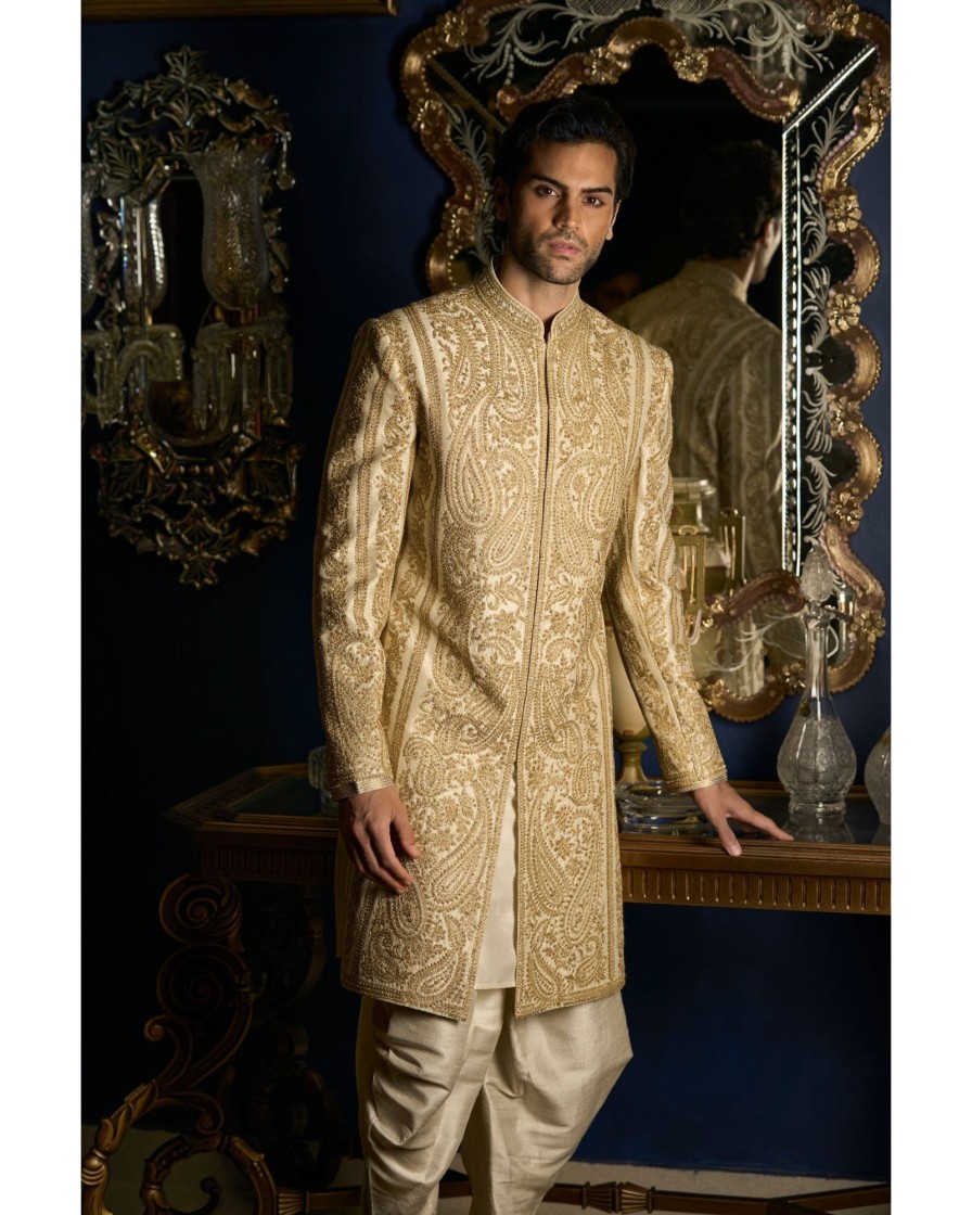 Mens Seema Gujral Mens | Cream U0026 Gold Thread Sherwani Set