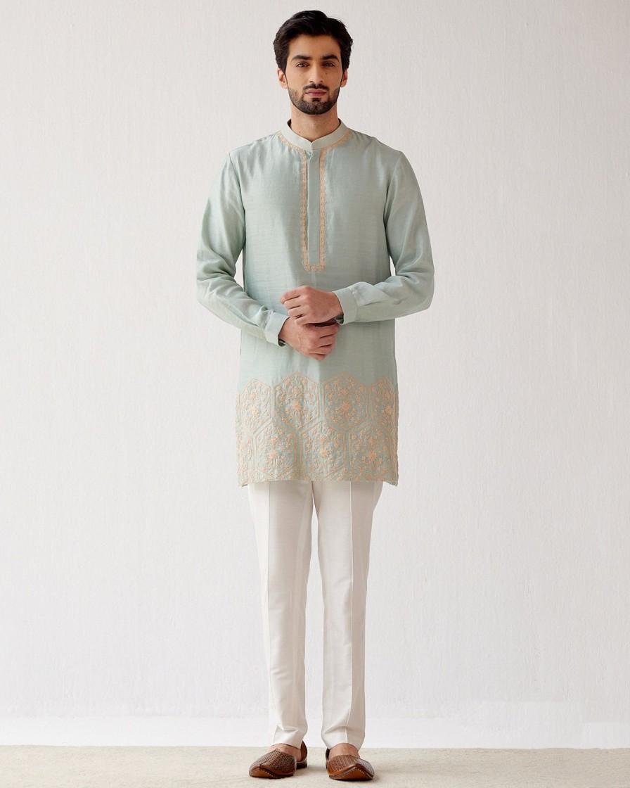 Mens Devnaagri Mens | Sage Green Hand Embroidered Short Kurta Set