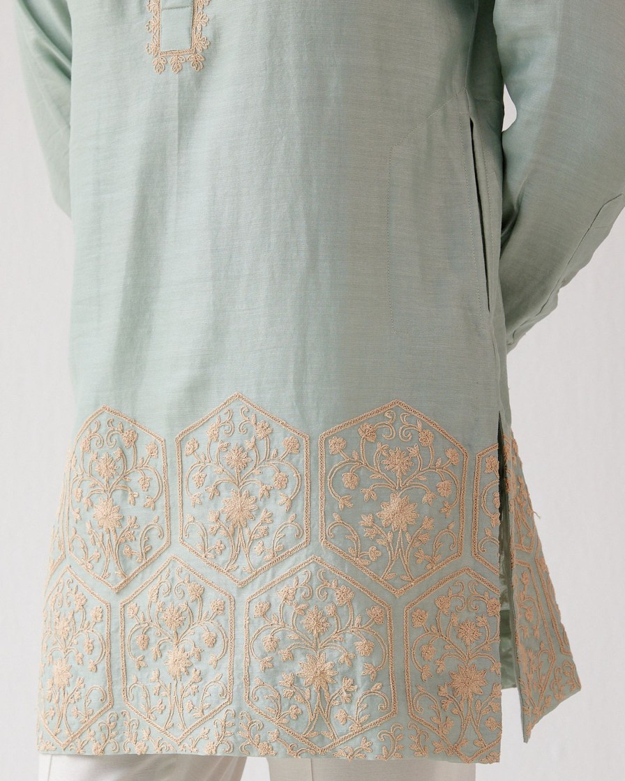 Mens Devnaagri Mens | Sage Green Hand Embroidered Short Kurta Set