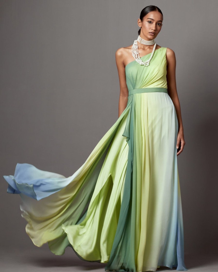 Womens Mala u0026 Kinnary | Lime Ombre Dusk One Shoulder Gown Set