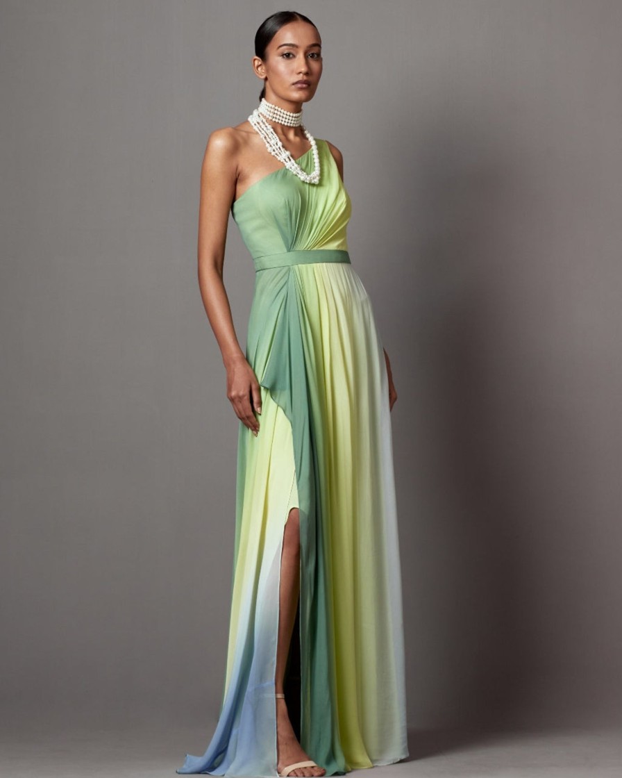 Womens Mala u0026 Kinnary | Lime Ombre Dusk One Shoulder Gown Set