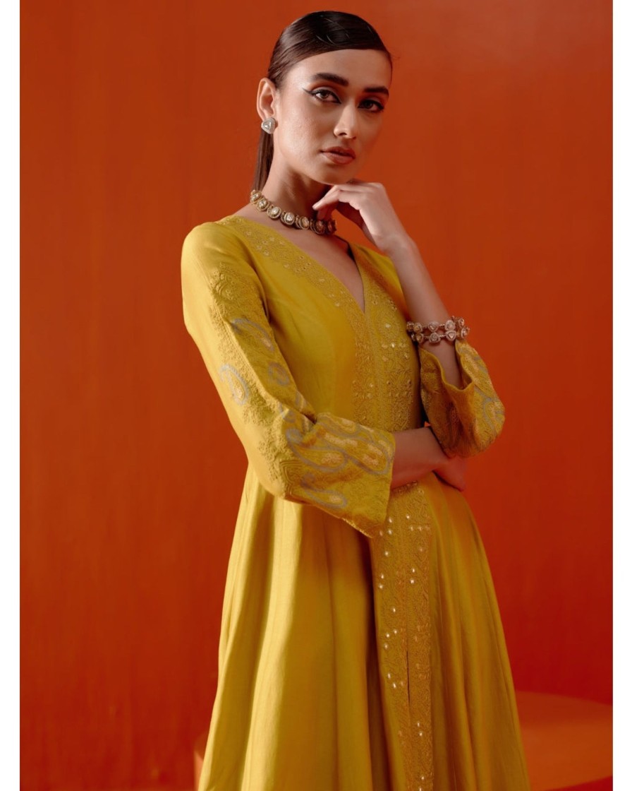 Womens Devnaagri | Mustard Embroidered Anarkali Set