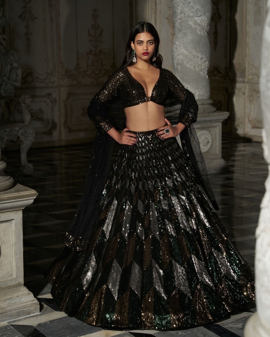 Bridal Seema Gujral | Chevron Sequin Lehenga Set