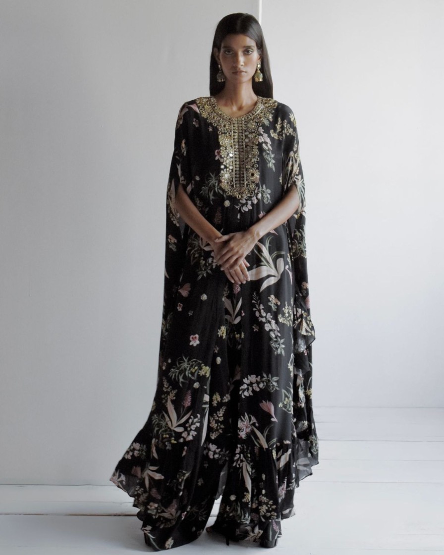 Womens Arpita Mehta | Black Floral Print Cape Set