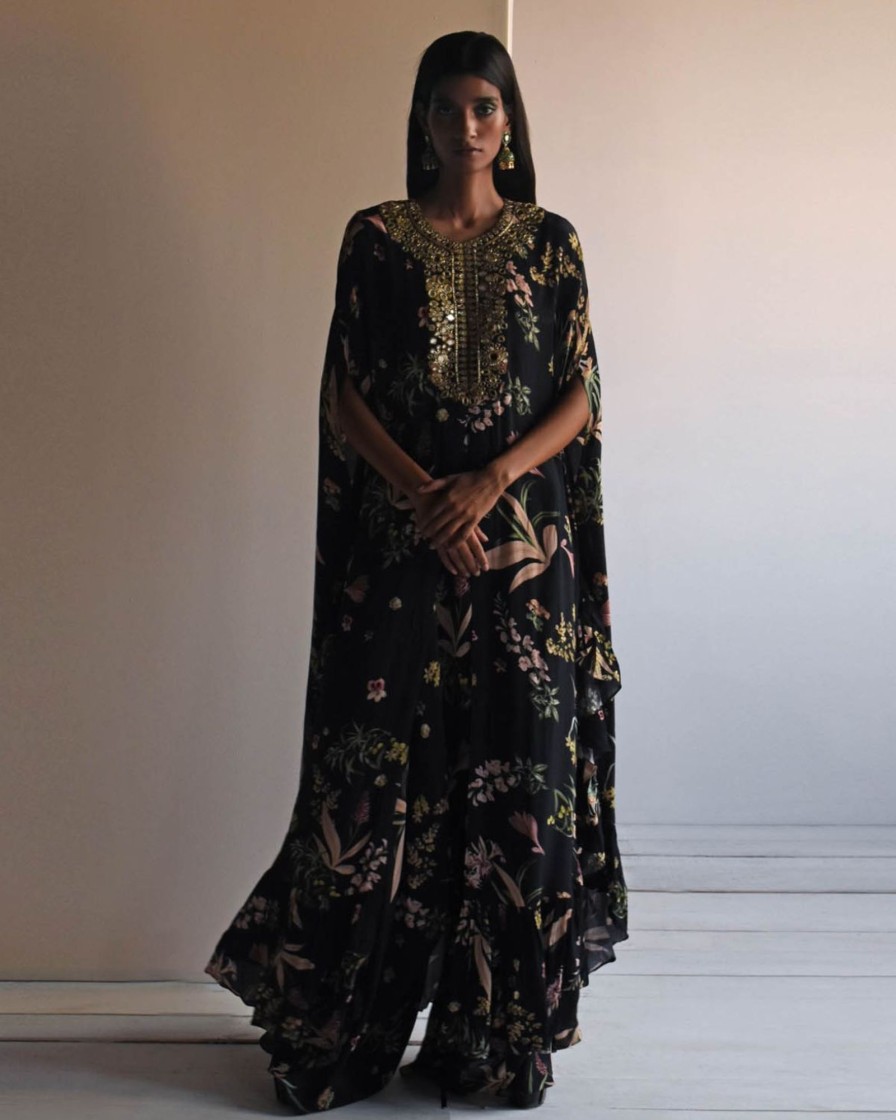 Womens Arpita Mehta | Black Floral Print Cape Set