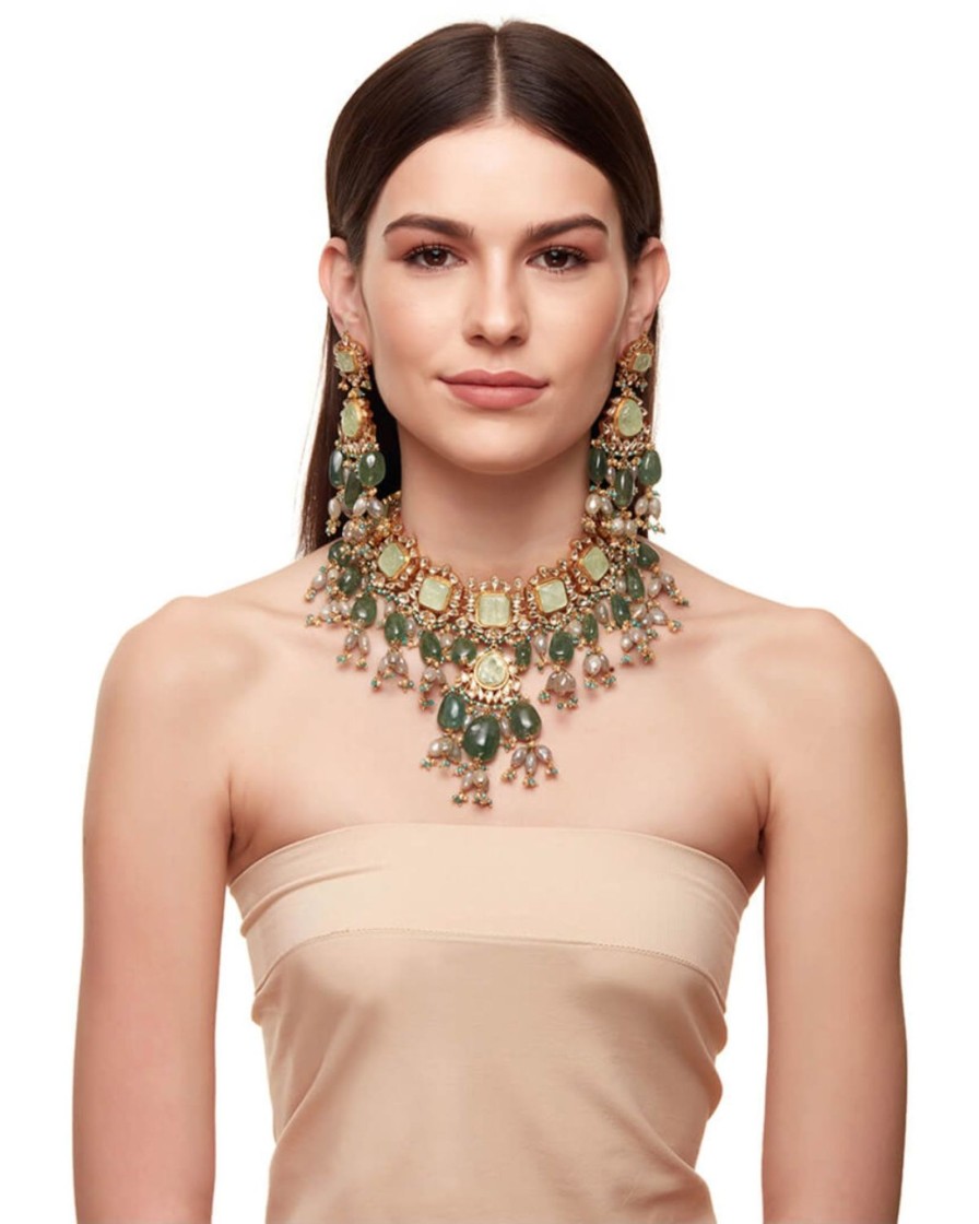 Womens RaAbta by Rahul | Carved Russian Green Beryl And Kundan Necklace Set