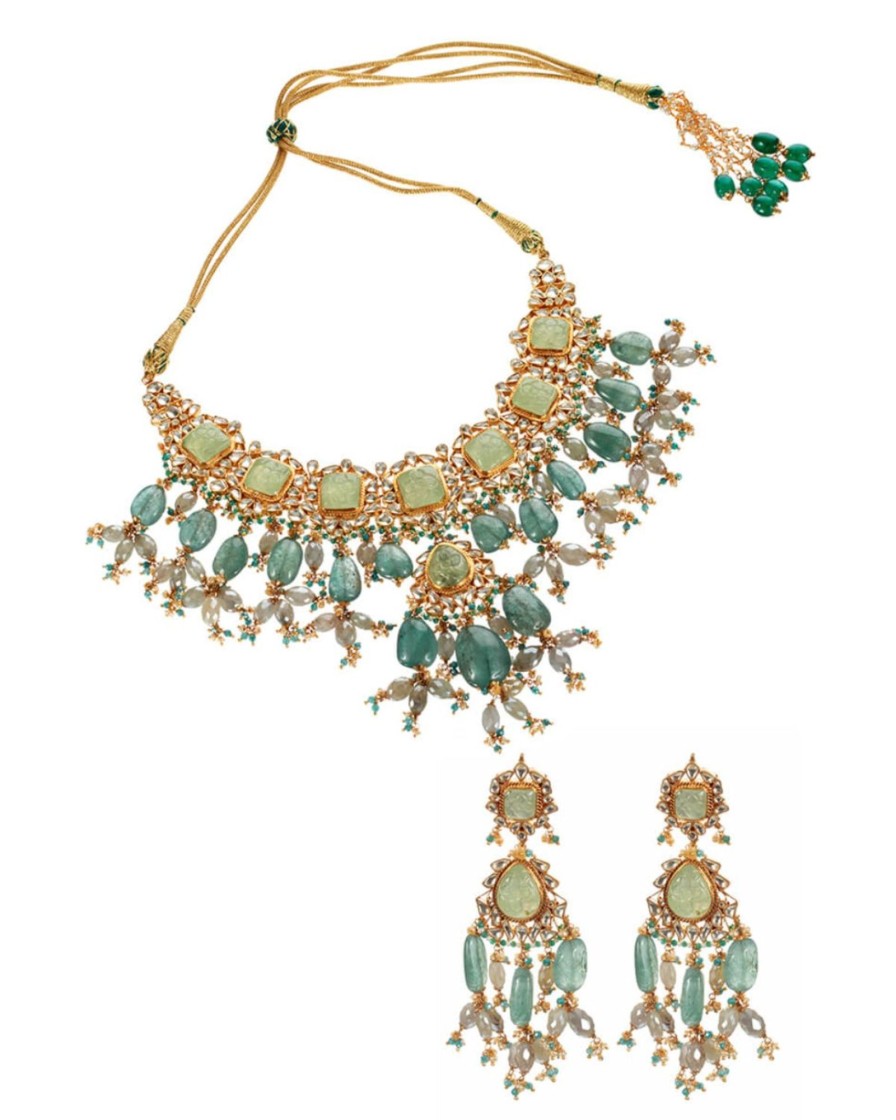 Womens RaAbta by Rahul | Carved Russian Green Beryl And Kundan Necklace Set