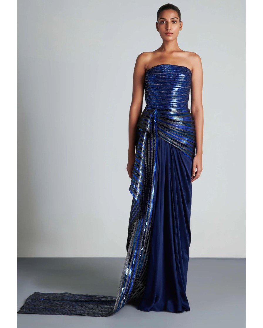 Bridal Amit Aggarwal | Ink Blue Metallic Draped Gown