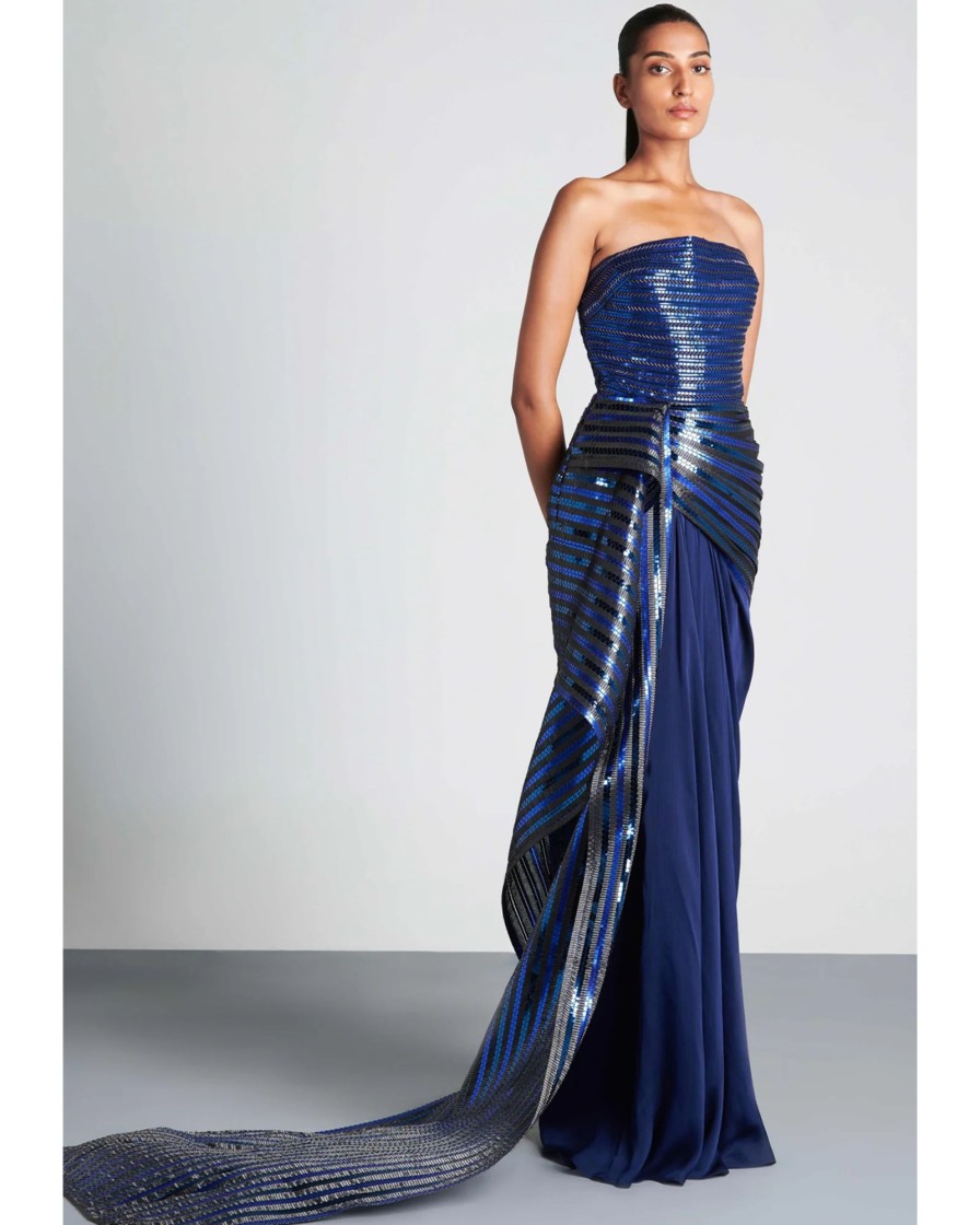 Bridal Amit Aggarwal | Ink Blue Metallic Draped Gown