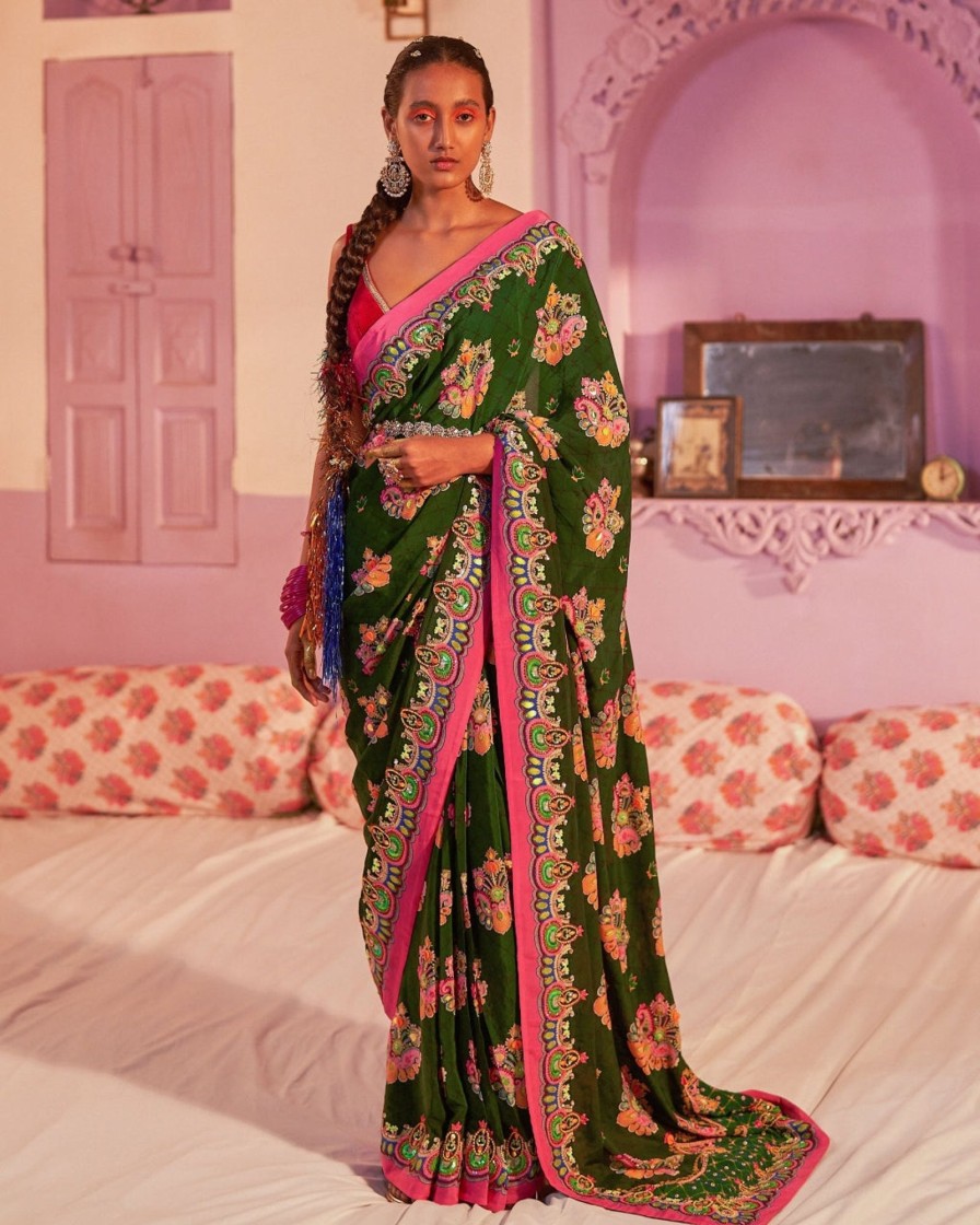 Womens Siddhartha Bansal | Emerald Sea Green Royal Paisley Embroidered Sari Set