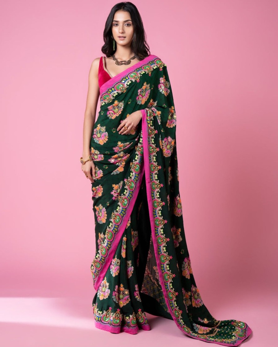 Womens Siddhartha Bansal | Emerald Sea Green Royal Paisley Embroidered Sari Set