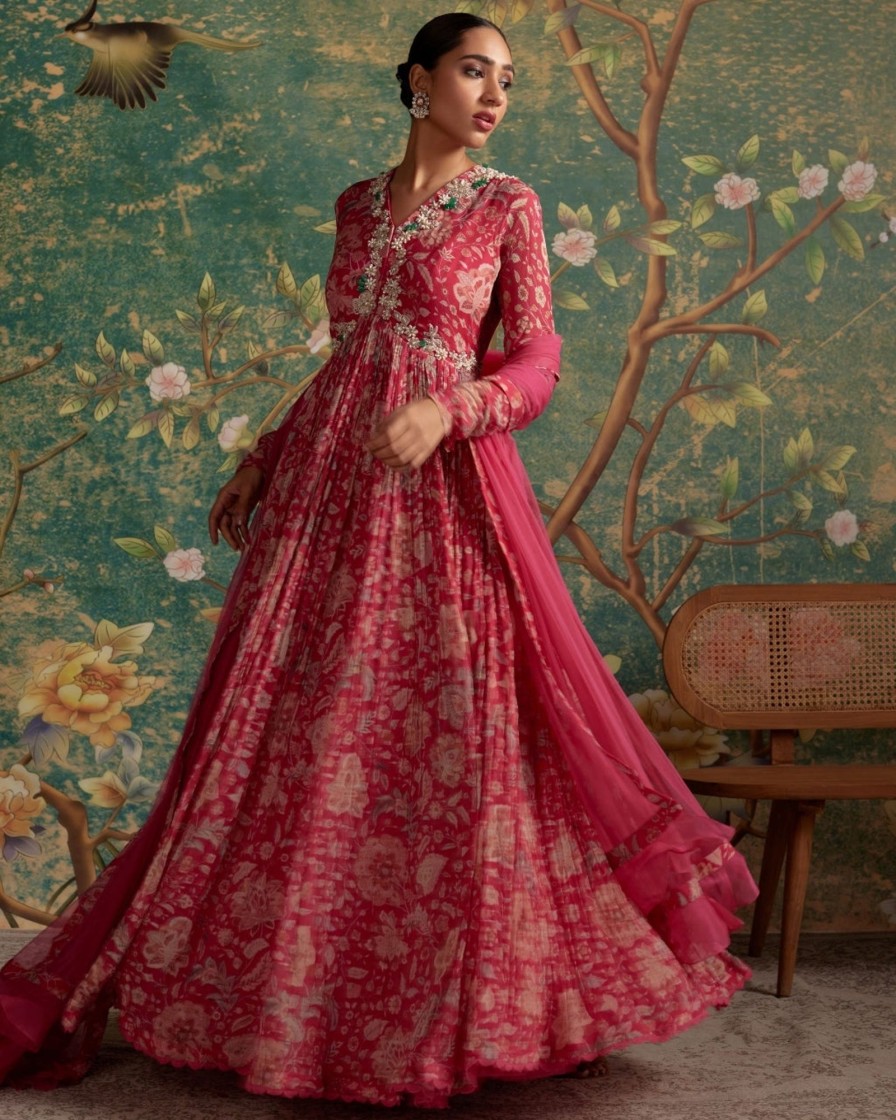 Womens Ridhi Mehra | Royal Fuchsia Print Flair Anarkali Set