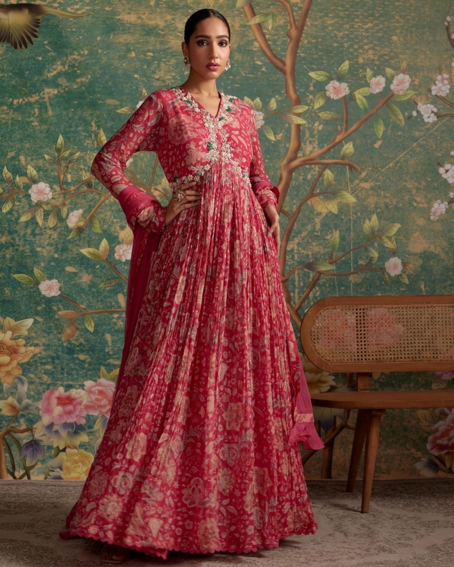 Womens Ridhi Mehra | Royal Fuchsia Print Flair Anarkali Set