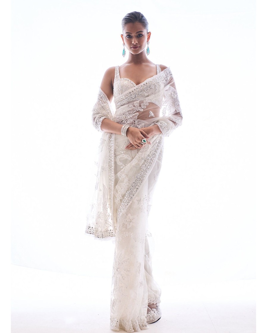 Womens Seema Gujral | Ivory Applique Net Sari