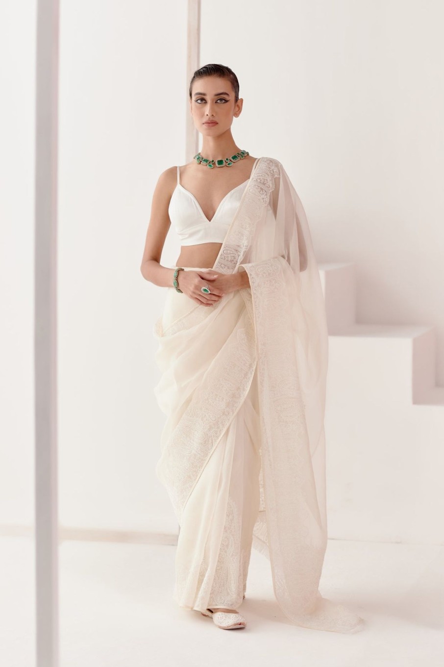 Womens Devnaagri | Ivory Dori Embroidered Silk Organza Sari