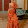 Womens Paulmi u0026 Harsh | Rust Orange Floral Printed Chiffon Sari Set