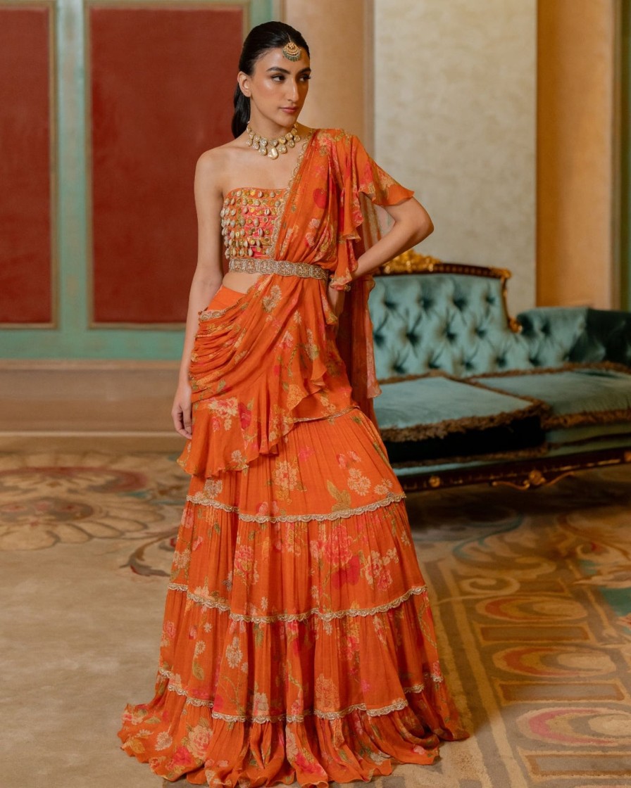 Womens Paulmi u0026 Harsh | Rust Orange Floral Printed Chiffon Sari Set